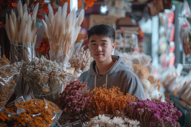 Gratis foto portret van een persoon die in een gedroogde bloemenwinkel werkt