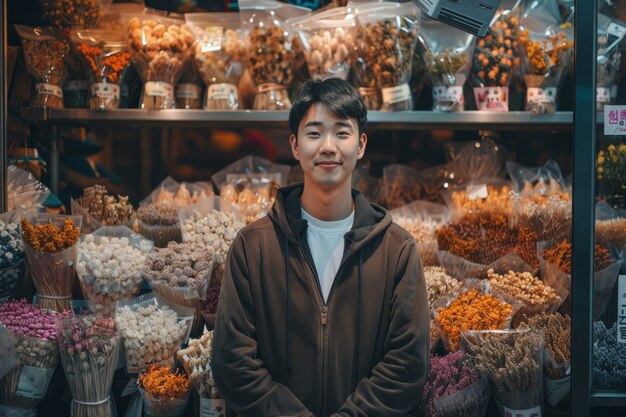 Portret van een persoon die in een gedroogde bloemenwinkel werkt