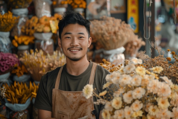 Portret van een persoon die in een gedroogde bloemenwinkel werkt