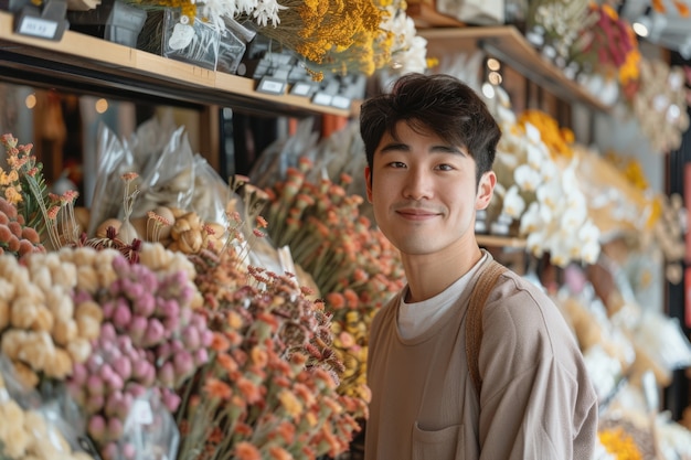 Portret van een persoon die in een gedroogde bloemenwinkel werkt