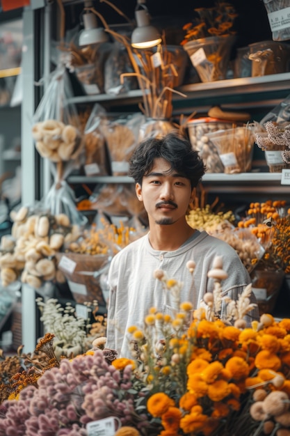 Portret van een persoon die in een gedroogde bloemenwinkel werkt