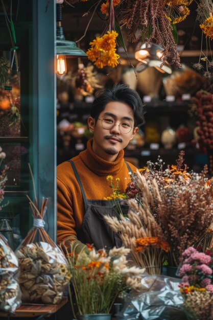 Portret van een persoon die in een gedroogde bloemenwinkel werkt