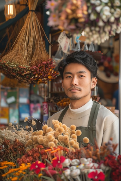 Gratis foto portret van een persoon die in een gedroogde bloemenwinkel werkt