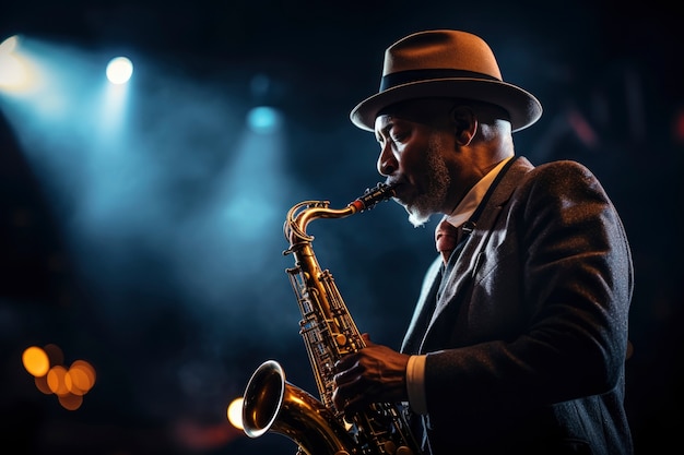Portret van een persoon die muziek speelt op saxofoon