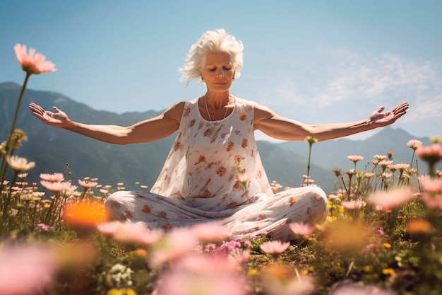 Gratis foto portret van een persoon die yoga beoefent met een bloemrijke achtergrond