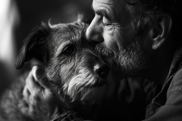 Gratis foto portret van een persoon die zijn huisdier kust