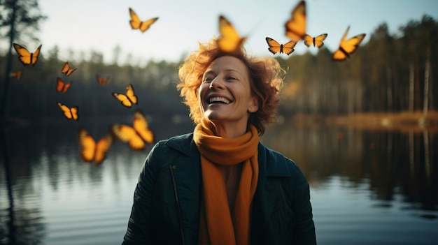 Gratis foto portret van een persoon omringd door vlinders