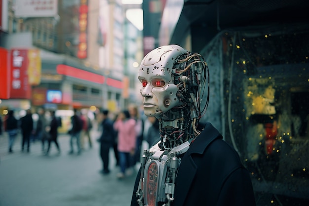 Gratis foto portret van een robot in een stedelijk gebied