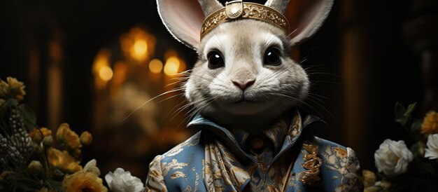 Portret van een schattig klein wit konijn in een middeleeuws kostuum