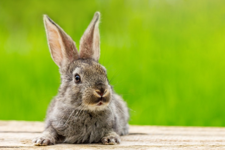 Gratis Foto portret van een schattig pluizig grijs konijn met oren op een natuurlijke green