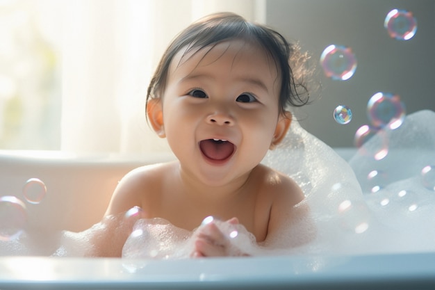 Gratis foto portret van een schattige pasgeboren baby die een bad neemt