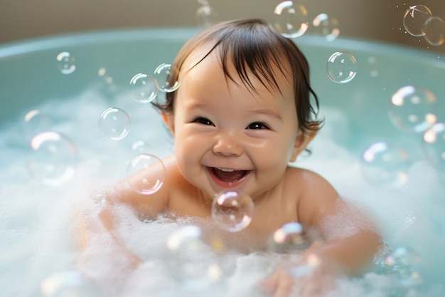 Portret van een schattige pasgeboren baby die een bad neemt