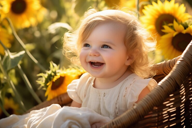 Gratis Foto portret van een schattige pasgeboren baby in een mand met zonnebloemen