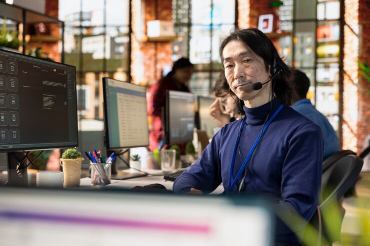 Gratis Foto portret van een senior callcenteragent die een headset draagt en de zorgen van klanten oplost