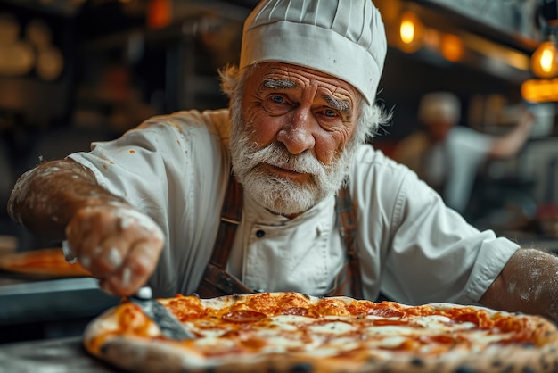 Portret van een senior pizzeriachef-kok portret van een chef-kok aan het werk die verse pizza levert