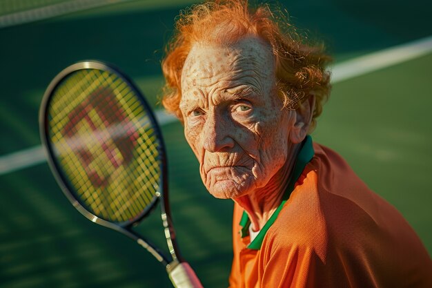 Gratis foto portret van een senior tennisspeler