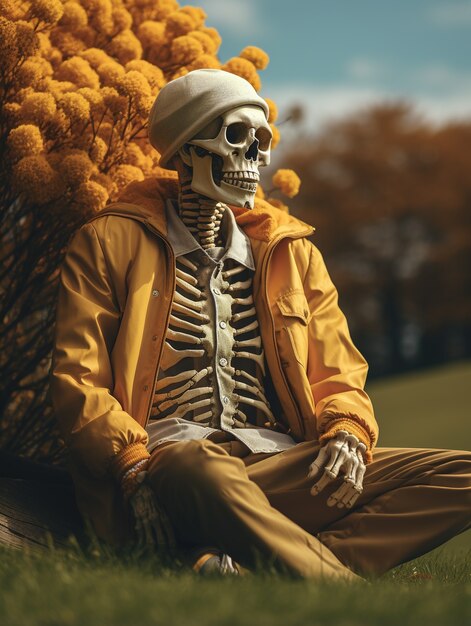 Portret van een skelet dat zich koestert in de zon met bloemen