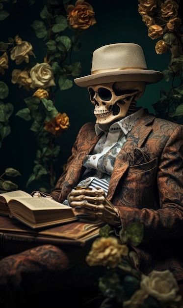 Gratis foto portret van een skeletleesboek