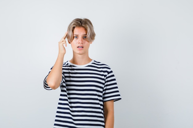 Portret van een tienerjongen die de vingers op het hoofd houdt in een t-shirt en er verbijsterd vooraanzicht uitziet