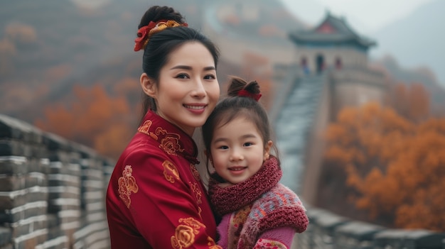 Portret van een toeristische familie die de Grote Muur van China bezoekt