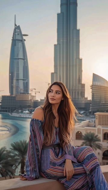 Portret van een vrouw die de luxe stad Dubai bezoekt
