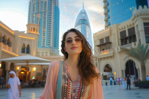 Portret van een vrouw die de luxe stad Dubai bezoekt