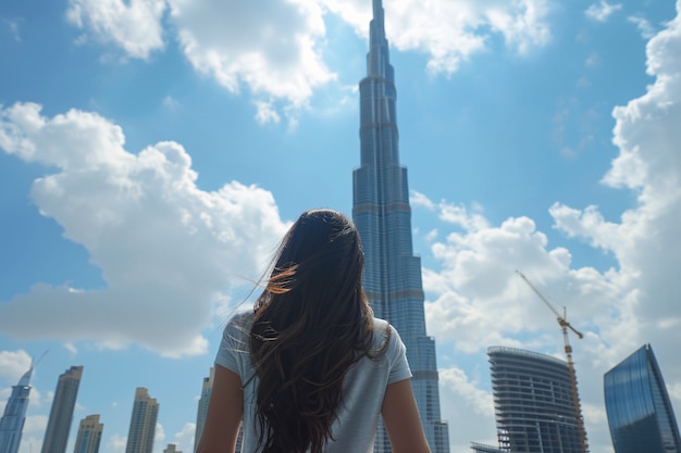 Gratis foto portret van een vrouw die de luxe stad dubai bezoekt