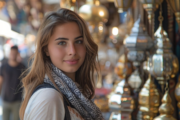 Portret van een vrouw die de luxe stad Dubai bezoekt