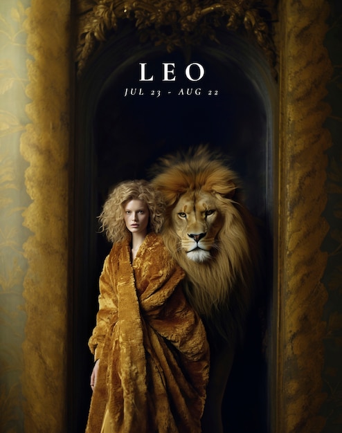 Gratis foto portret van een vrouw die het teken van de leeuw vertegenwoordigt met een echte leeuw