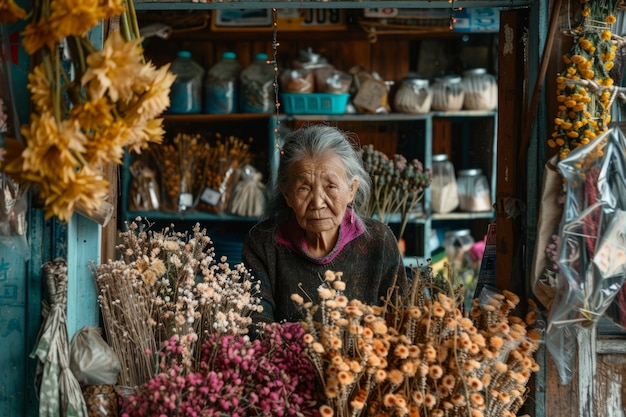 Gratis foto portret van een vrouw die in een bloemenwinkel werkt