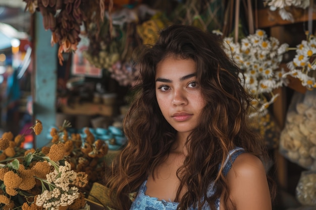 Portret van een vrouw die in een bloemenwinkel werkt