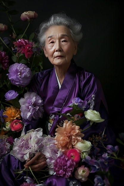 Portret van een vrouw die lavendelkleurige modekleding draagt voor de kleur van het jaar