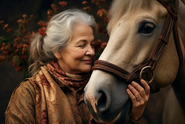 Portret van een vrouw die voor haar paard zorgt