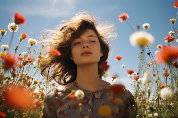 Gratis foto portret van een vrouw met bloeiende voorjaarsbloemen
