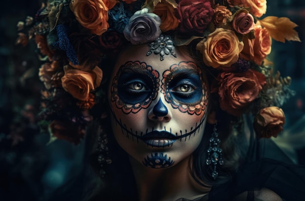 Portret van een vrouw met de make-up van de suikerschedel over donker halloween-kostuum als achtergrond en make-upportret