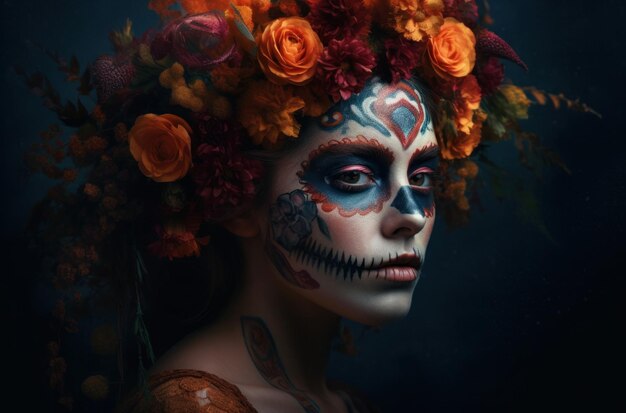 Portret van een vrouw met de make-up van de suikerschedel over donker halloween-kostuum als achtergrond en make-upportret