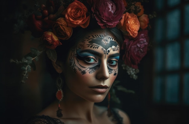 Portret van een vrouw met de make-up van de suikerschedel over donker halloween-kostuum als achtergrond en make-upportret