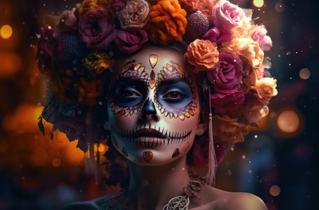 Gratis foto portret van een vrouw met de make-up van de suikerschedel over donker halloween-kostuum als achtergrond en make-upportret