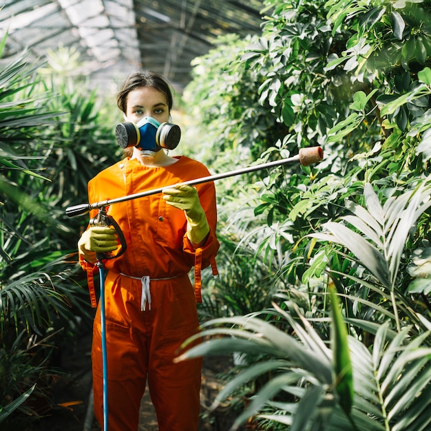 Portret van een vrouwelijke tuinman die het bespuitende insecticide van het verontreinigingsmasker op installaties draagt