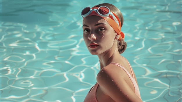 Gratis foto portret van een vrouwelijke zwemmer met een door de jaren tachtig geïnspireerde esthetiek