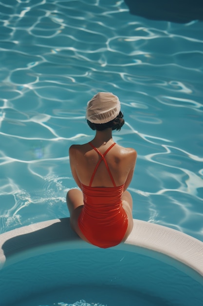 Portret van een vrouwelijke zwemmer met een retro-aesthetiek geïnspireerd op de jaren tachtig