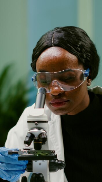 Portret van een wetenschapper die een bladmonster neemt met een micropipet die een dia onder de microscoop legt voor een medisch experiment. Chemicus die biologische landbouwplanten analyseert in het wetenschappelijk laboratorium voor microbiologie