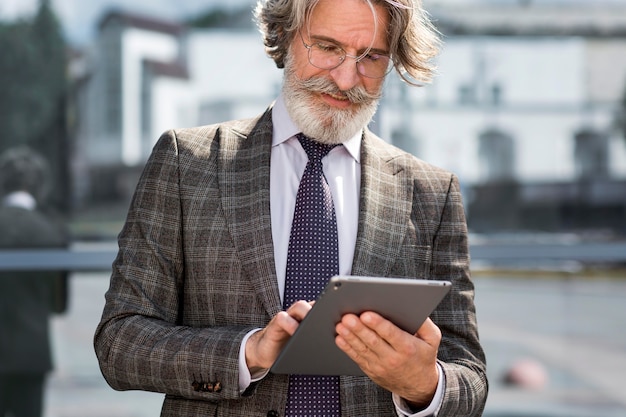 Portret van elegante volwassen mannelijke doorbladert tablet