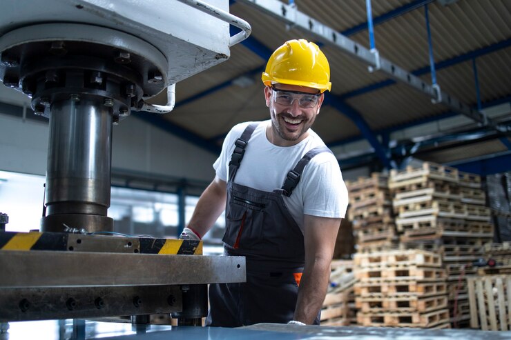 Gratis Foto portret van fabrieksarbeider met armen gekruist permanent door boormachine in industriële installaties