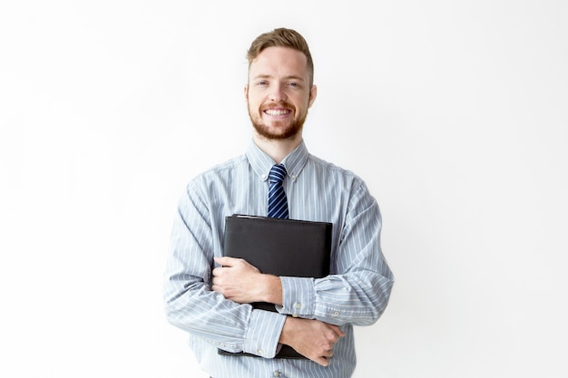 Portret van gelukkige manager bedrijf lederen tas