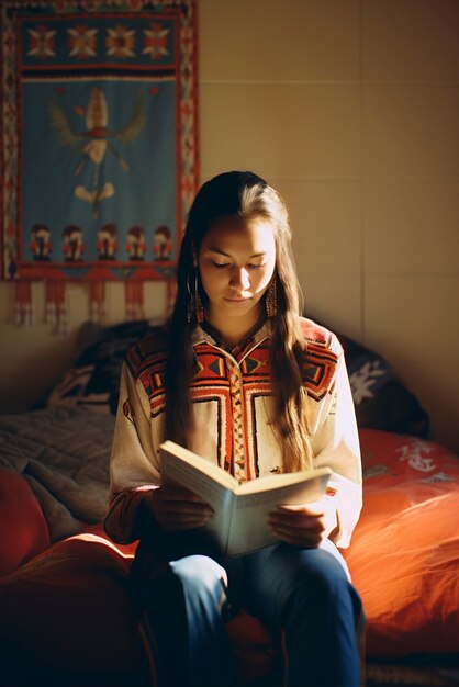 Portret van inheemse vrouw met boek