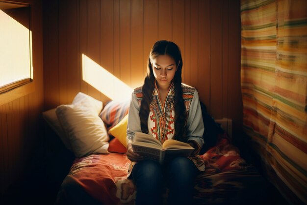 Portret van inheemse vrouw met boek