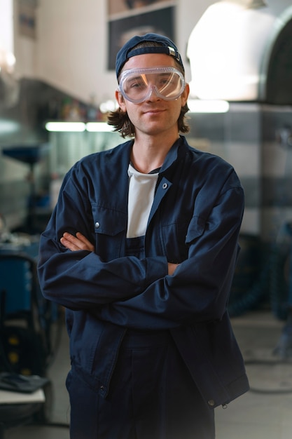 Portret van mannelijke automonteur in de autoreparatiewerkplaats