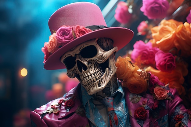 Portret van menselijk skeletschedel met bloemen