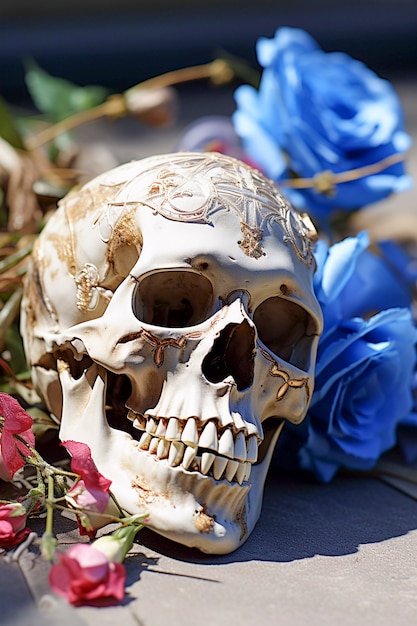 Gratis foto portret van menselijk skeletschedel met bloemen